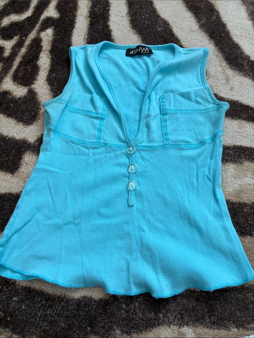 Ash Bright Turquoise Sleeveless V-Neck Tank with Button Detail